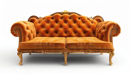 A luxurious, orange velvet sofa with gold accents.
