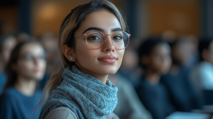 Obraz premium A group of international students attending a lecture, diverse faces engaged as they listen attentively to the teacher, modern classroom with large windows and bright lighting 