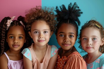 Four young girls of diverse ethnic backgrounds standing together, representing concepts of diversity, inclusion, and friendship