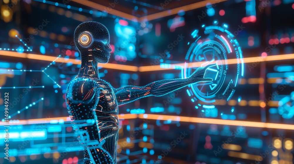 Poster a digital rendering of a cyborg reaching out to touch a glowing circle interface.
