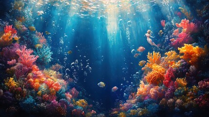 Naklejka premium Vibrant coral reef, mermaid, sunlight, fish, bubbles.