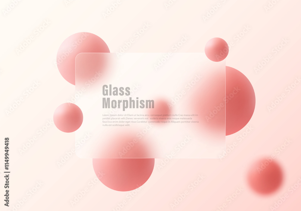 Poster vector illustration in glass morphism style, gradient background with partition and spheres.