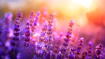 Naklejka premium Lavender flowers in a field at sunset.