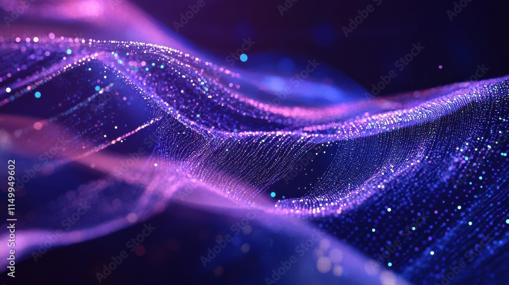 Poster colorful abstract digital background with curved neon lines and dots. cosmic flowing fabric waves on