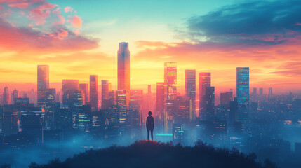 Fototapeta premium A vibrant skyline made of medical buildings and financial institutions, illustrating the balance between healthcare and economic growth, with a person observing the horizon. 