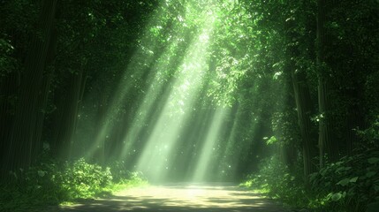 Obraz premium Serene Forest Path with Light Beams Streaming Through Lush Green Trees