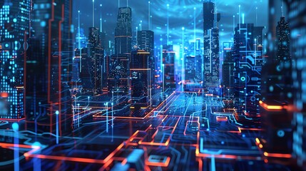 Obraz premium A futuristic city with glowing blue and red lines that resemble circuitry.