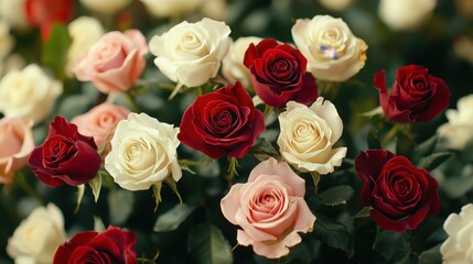 Naklejka premium Vibrant bouquet of red, pink, and white roses in full bloom during daylight