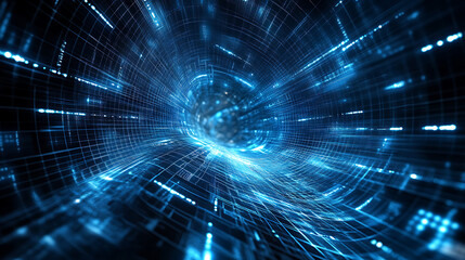Obraz premium Digital Vortex: Abstract journey through a futuristic cyberspace tunnel. Glowing blue digital data streams and lines converge towards a bright center, creating a dynamic and energetic composition. 