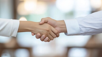 A firm handshake signifies a successful negotiation between two business professionals, highlighting the importance of collaboration and trust in corporate environments