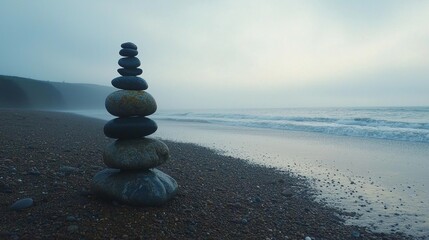 A perfectly balanced stone stack on a beach, with calm waves and soft lighting, symbolizing harmony and equilibrium in nature.