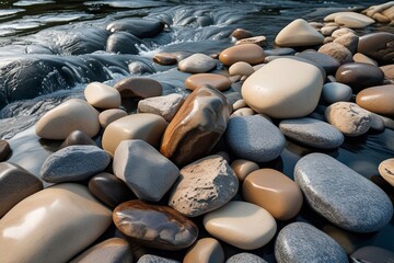 collection of smooth river stones in various sizes, which have a polished surface, scattered on the bottom of a shallow river 