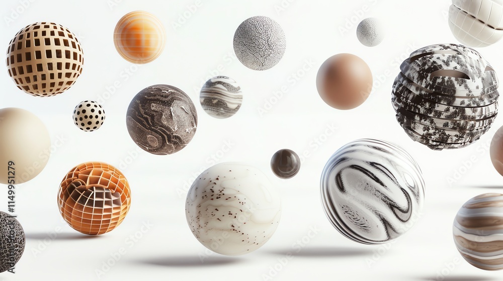 Poster abstract 3d spheres with different textures floating in mid-air.