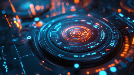 Obraz premium Futuristic Technology: A mesmerizing close-up of a glowing, futuristic interface. The intricate details and vibrant colors create a sense of wonder and innovation. 