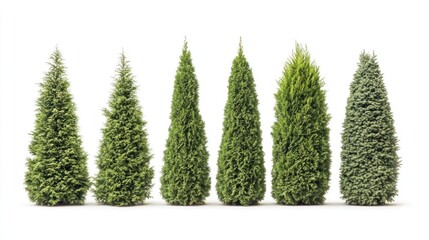 Six evergreen trees of varying heights and shapes isolated on white background.