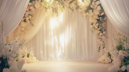 Elegant Photo Backdrop with Silk Drapes, Large Flowers, and Soft Lighting - Perfect for Sophisticated Shoots