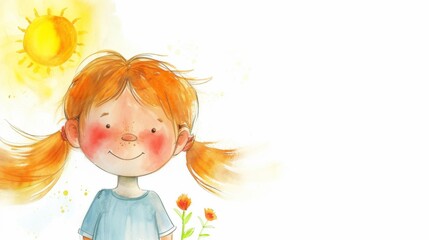 Happy red-haired child enjoying summer with sun and flowers