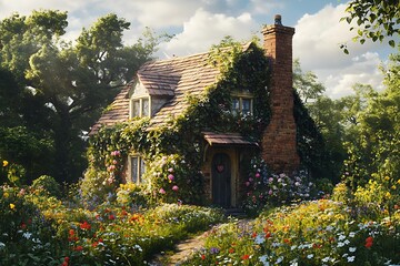 A charming brick cottage nestled in a vibrant flower garden