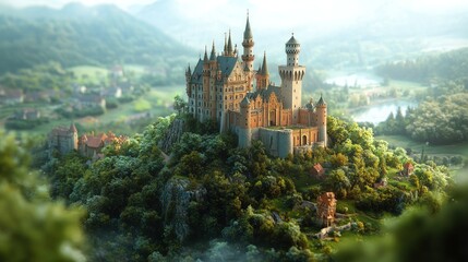 Fototapeta premium Fairytale castle nestled atop lush green hill.