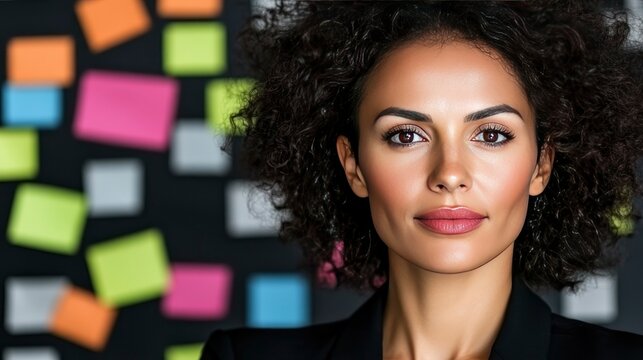 Confident Woman with Colorful Sticky Notes Background