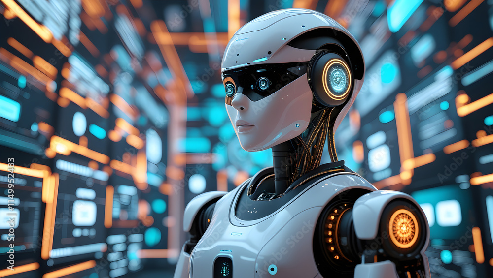 Poster ai in the digital matrix: futuristic female robot standing amidst a complex digital environment. a c