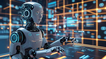 Fototapeta premium The Future is Now: A humanoid robot interacts with a futuristic interface, showcasing the power and potential of artificial intelligence in a sleek and modern setting. 