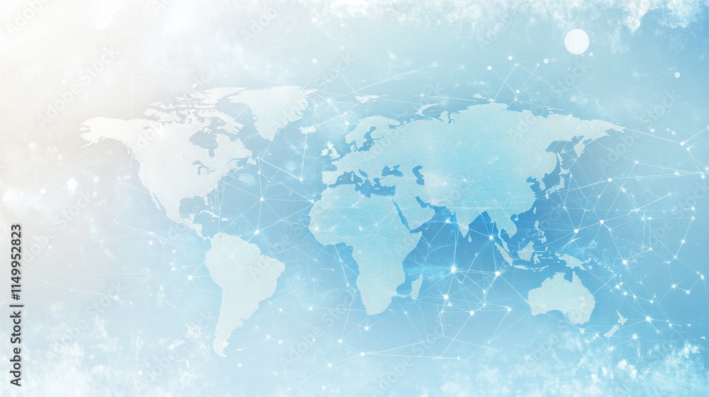 Poster light blue background with a digital world map and global network connections, representing the conc