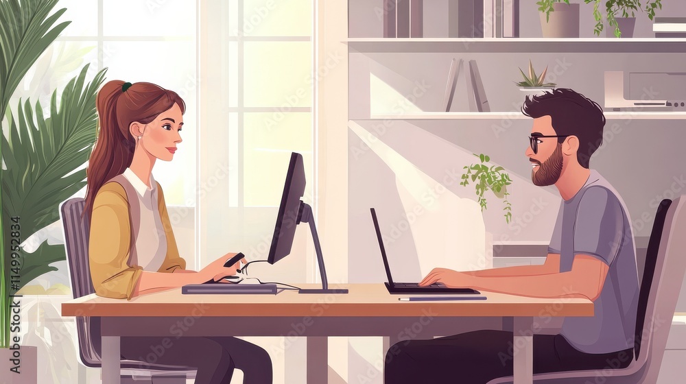 Poster male and female computer programmers using digital tablet at desk in office