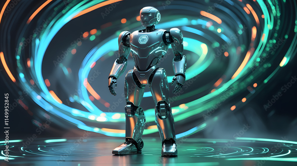 Poster the rise of ai: a futuristic depiction of a humanoid robot, poised in the heart of a swirling digita