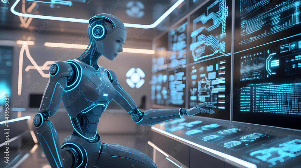 Poster futuristic ai assistant: a sleek, humanoid robot interacts with a holographic interface in a high-te