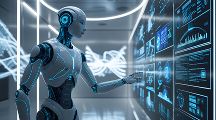 Fototapeta premium AI Robot Analyzing Data on Futuristic Interface 