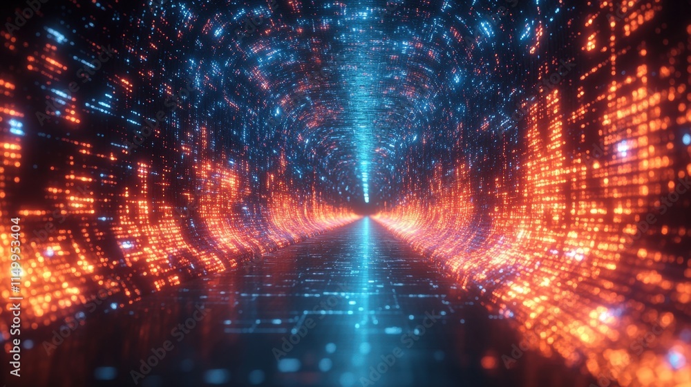 Poster futuristic glowing tunnel with digital code.