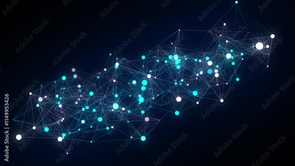 Poster Business futuristic backdrop. Network connection structure cyberspace with moving particles. Big data visualization. Abstract cyber security background. 3D rendering.