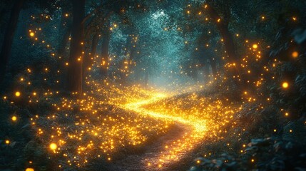 Naklejka premium Magical forest path, glowing fireflies.