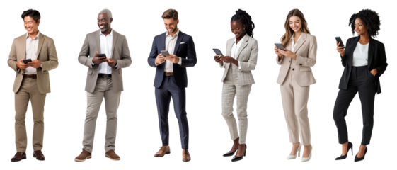 PNG Diverse professionals using smartphones, element set on transparent background