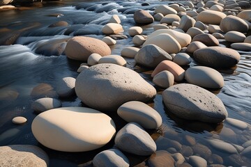 collection of smooth river stones in various sizes, which have a polished surface, scattered on the bottom of a shallow river 