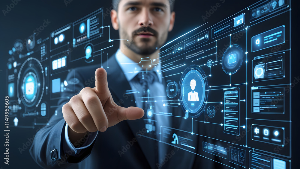 Poster businessman navigating digital interface: a confident businessman in a suit interacts with a futuris