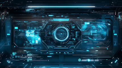 Obraz premium Futuristic Interface: A mesmerizing digital display, awash in vibrant blue hues, pulses with data and information.