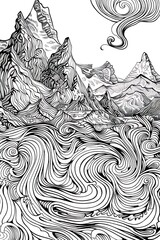 Dynamic swirls of water and peaks abstract landscape art serene nature artistic view flowing patterns