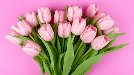 Obraz premium Beautiful composition spring flowers. Bouquet of pink tulips flowers on pastel pink background. Valentine's Day, Easter, Birthday, Happy Women's Day, Mother's Day. Flat lay, top vi