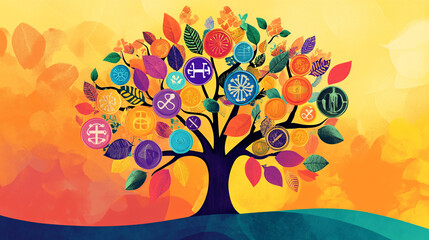 A vibrant tree where leaves are shaped like medical symbols, with coins as fruits, representing the harmony between health and wealth. 