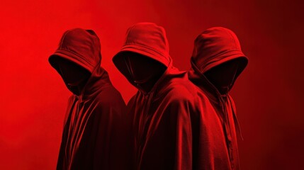 Three hackers without face. Concept of red hat, hacker group, organization or association.