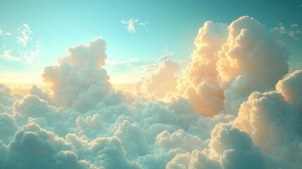 Golden sunlight illuminates fluffy cloudscape.