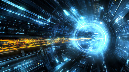 Digital Vortex: A swirling vortex of vibrant blue and yellow energy pulses with futuristic power, illuminating a path through a digital tunnel.