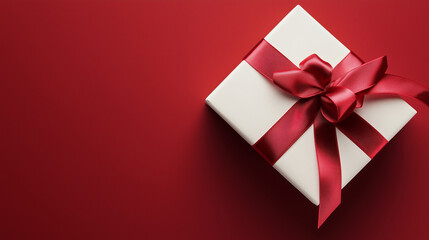 Blank white gift box open or top view of white present box tied with red ribbon bow isolated on dark red background with shadow minimal conceptual 3D rendering
