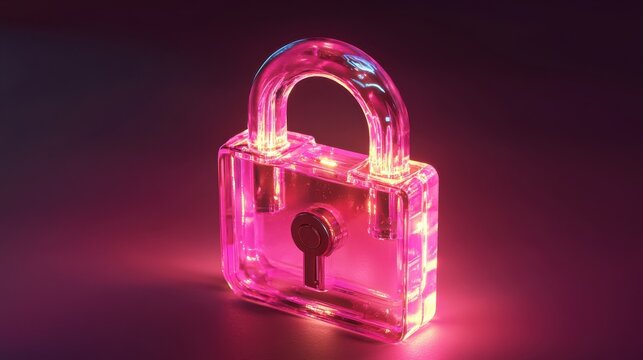 Transparent padlock, digital security concept, glowing background