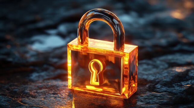 Transparent padlock, digital security concept, glowing background