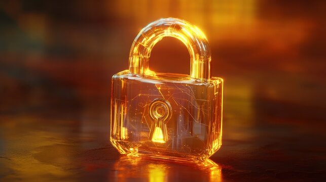 Transparent padlock, digital security concept, glowing background