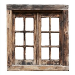 Rustic double-hung wooden window frame isolated on white.