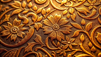 Vintage Leather Texture: Golden Bronze Floral Abstract Close-Up, Background Backdrop